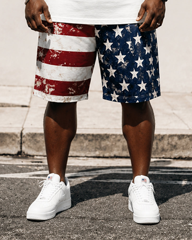 Big & Tall Men's Distressed Flag Road 66 Printed Crew Neck Short Sleeve T-shirt Shorts Set
