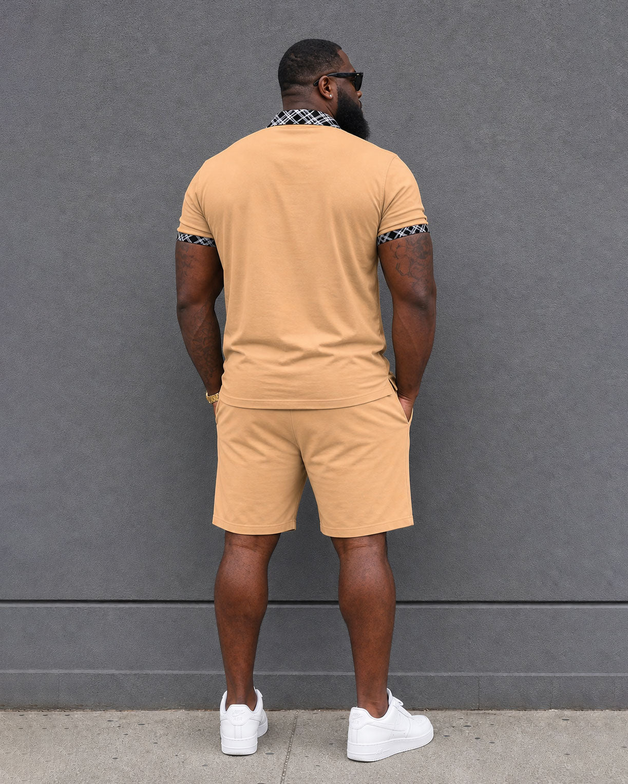 Big & Tall Men's Daily Travel Orange Neck Features Plaid Contrast Stitching POLO Shirt Short Sleeve Shorts Set