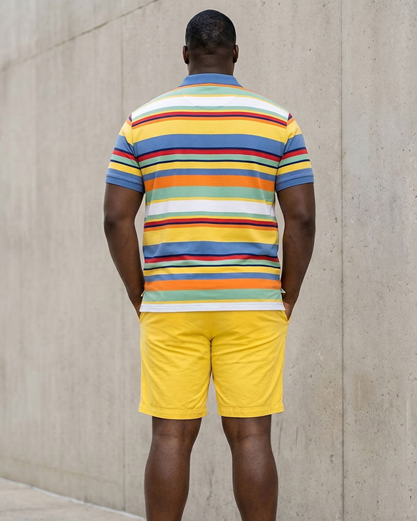Big & Tall Men's Yellow Colorful Striped Business Polo Shirt Short Sleeve Shorts Set