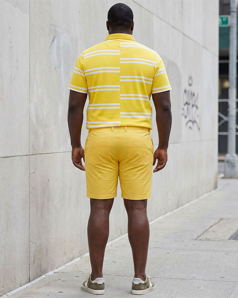 Big & Tall Men's Yellow Misplaced Stripe Design POLO Shirt Short Sleeve Shorts Set
