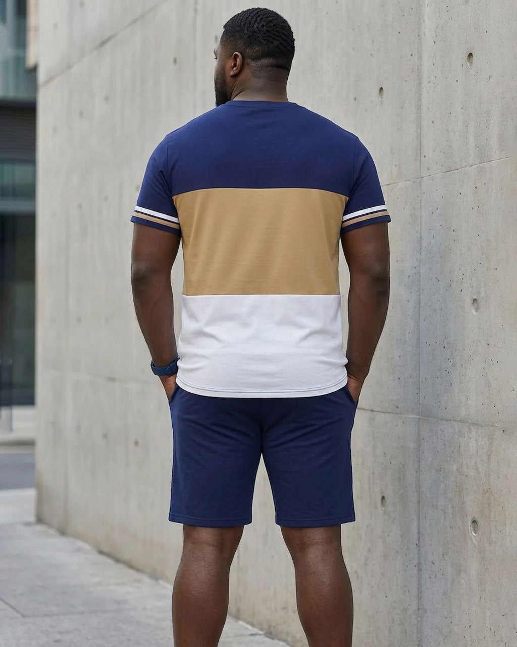 Big & Tall Men's Classic Color Contrast Thick Stripe Stitching Polo Print Short Sleeve T-Shirt Shorts Set