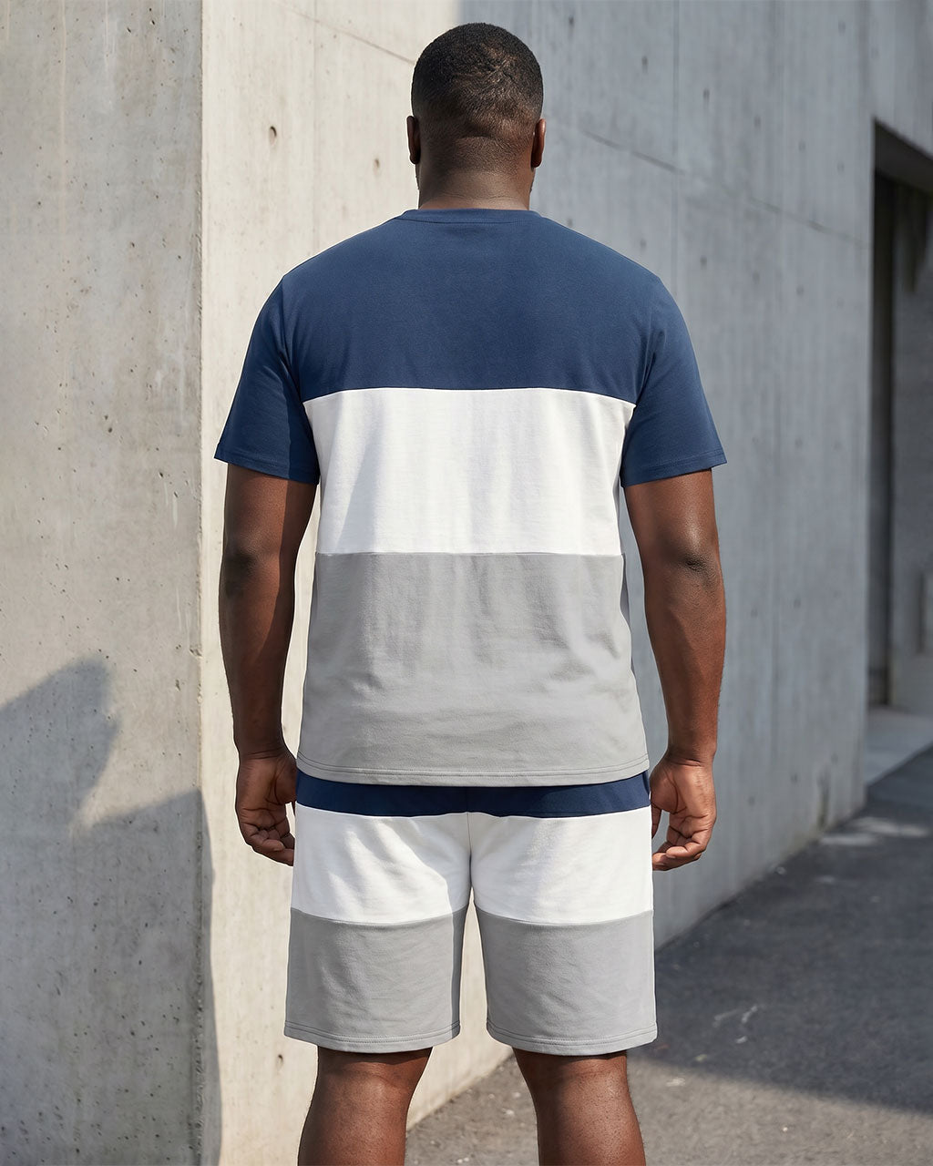 Big & Tall Men's Blue & White & Grey Contrast Chest Polo Print T-Shirt Shorts Set