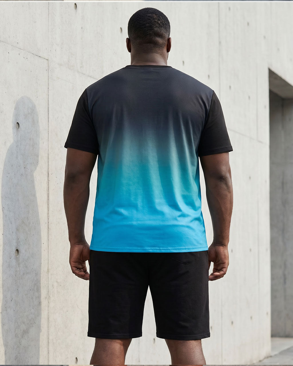 Big & Tall Men's Gradient Black & Blue Chest Crown KING Slogan Printed Short Sleeve T-Shirt Shorts Set