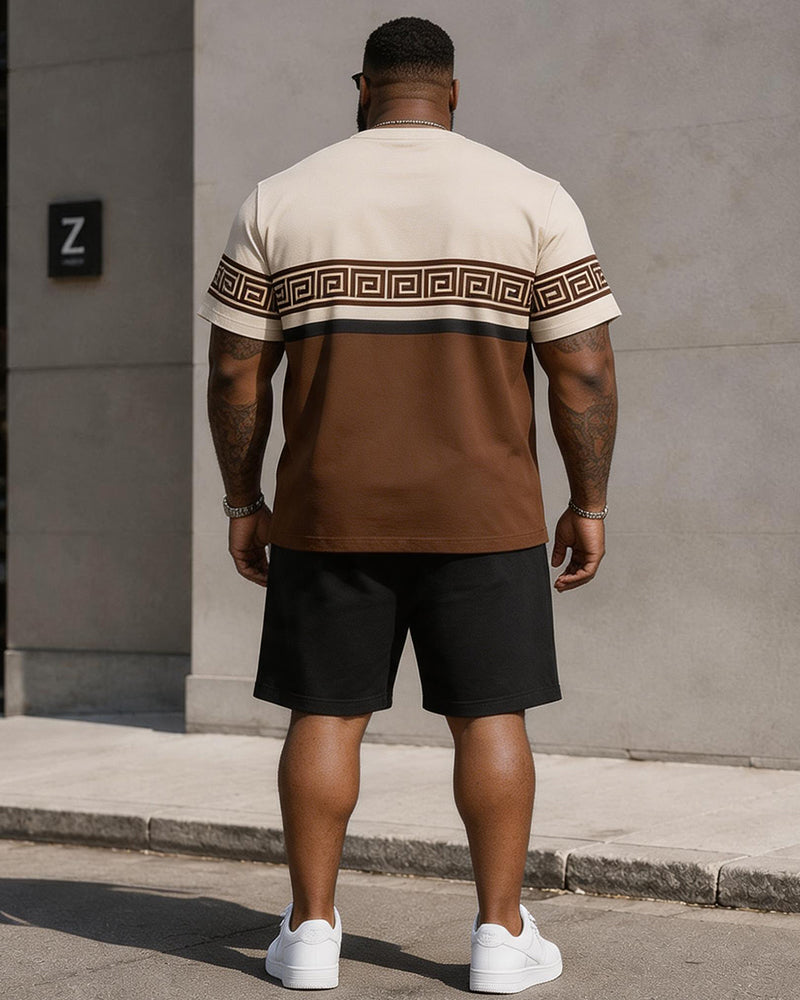 Big & Tall Men’s Coffee-White Color-Block Meander-Print Crew-Neck Short-Sleeve T-Shirt And Shorts Set