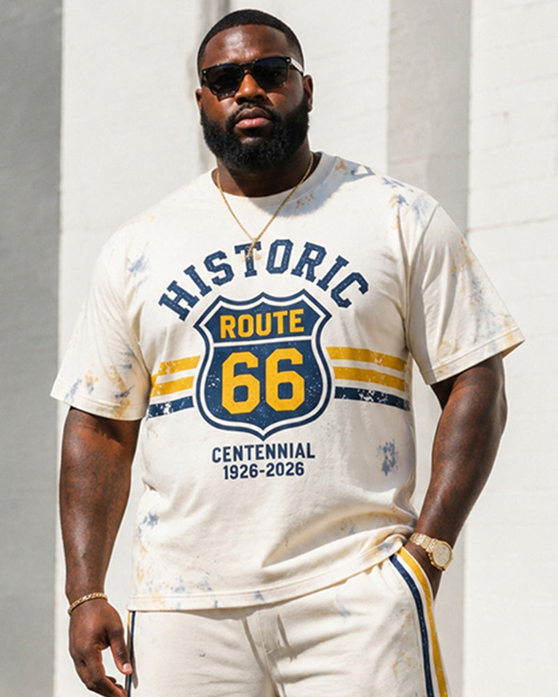Big & Tall Men's Tie-Dye Route 66 Centennial Printed Crewneck Short Sleeve T-Shirt Shorts Set