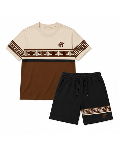 Big & Tall Men’s Coffee-White Color-Block Meander-Print Crew-Neck Short-Sleeve T-Shirt And Shorts Set