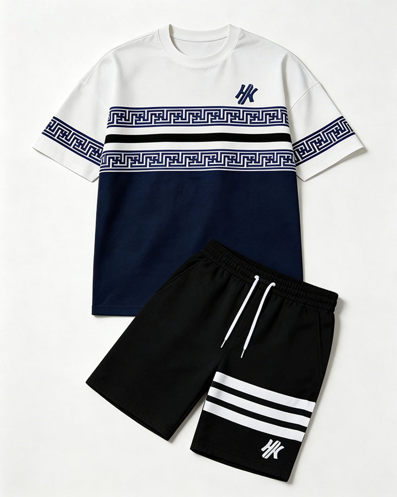 Big & Tall Men's Navy Blue And White Contrast Striped Printed Crew Neck Short Sleeve T-shirt Shorts Set