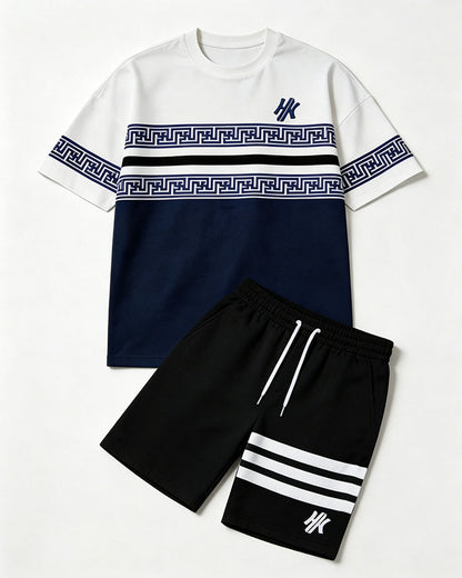 Big & Tall Men's Navy Blue And White Contrast Striped Printed Crew Neck Short Sleeve T-shirt Shorts Set