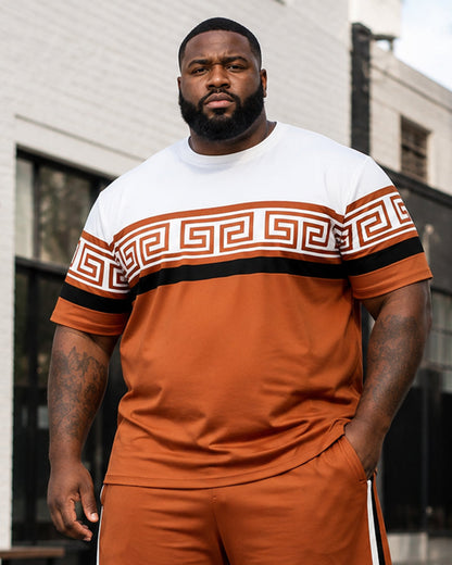 Big & Tall Men's Orange And White Contrast Stitching Printed Crew Neck Short Sleeve T-shirt Shorts Set