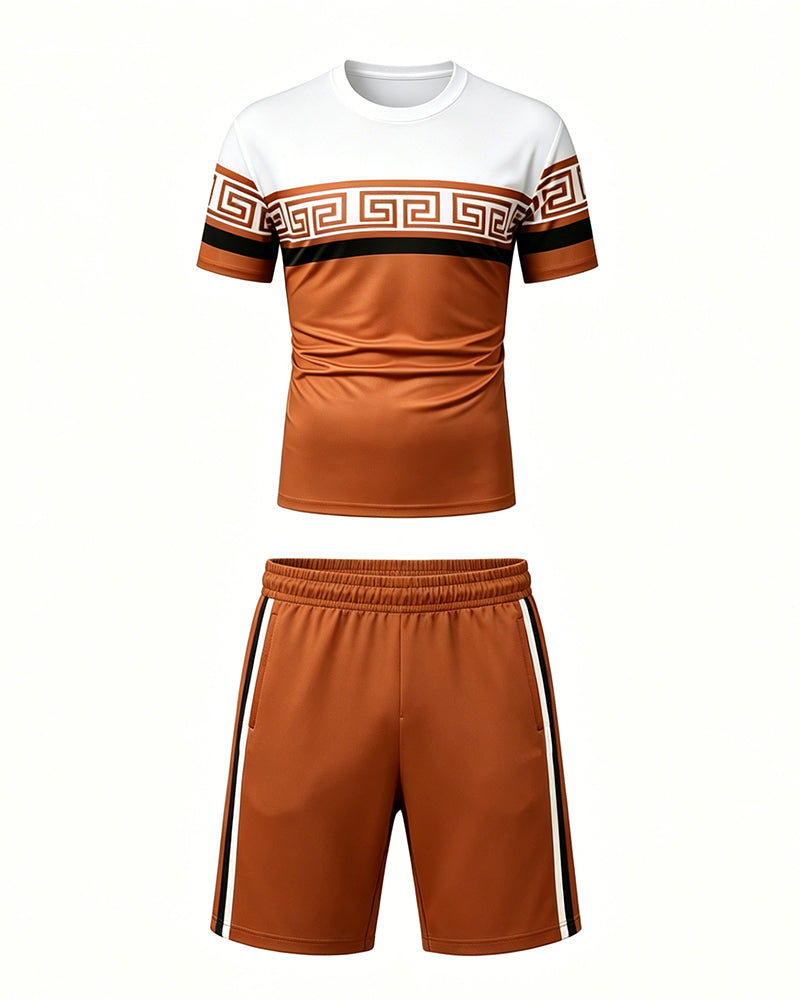 Big & Tall Men's Orange And White Contrast Stitching Printed Crew Neck Short Sleeve T-shirt Shorts Set