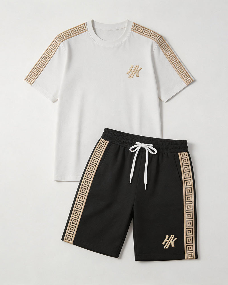 Big & Tall Men's Simple Crepe Stitching Printed Crewneck Short Sleeve T-Shirt Shorts Set
