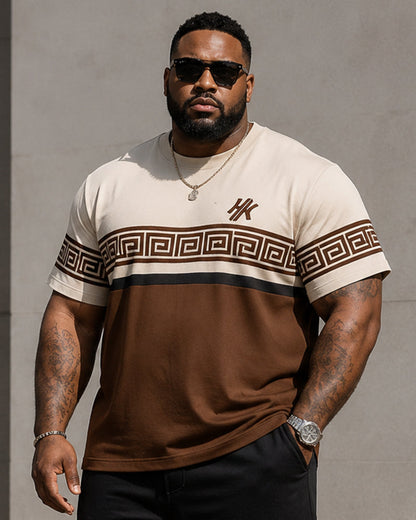 Big & Tall Men’s Coffee-White Color-Block Meander-Print Crew-Neck Short-Sleeve T-Shirt And Shorts Set
