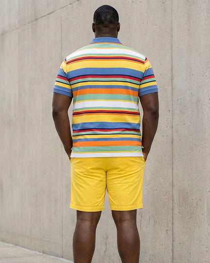 Big & Tall Men's Yellow Colorful Striped Business Polo Shirt Short Sleeve Shorts Set