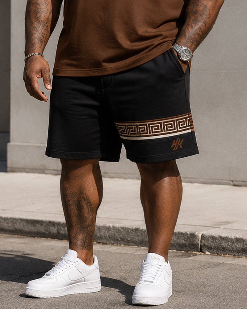 Big & Tall Men’s Coffee-White Color-Block Meander-Print Crew-Neck Short-Sleeve T-Shirt And Shorts Set