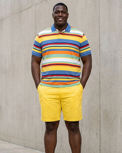 Big & Tall Men's Yellow Colorful Striped Business Polo Shirt Short Sleeve Shorts Set