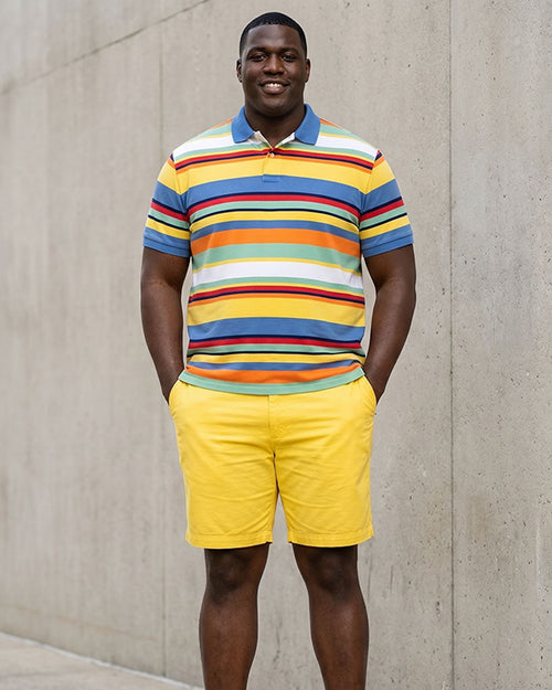 Big & Tall Men's Yellow Colorful Striped Business Polo Shirt Short Sleeve Shorts Set