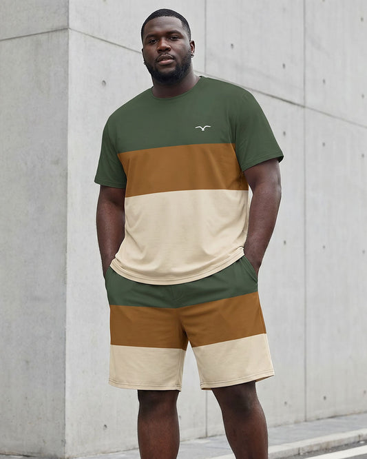 Big & Tall Men's Green & Khaki & Apricot Large Color Block Stitching Chest Printed Short Sleeve T-Shirt Shorts Set