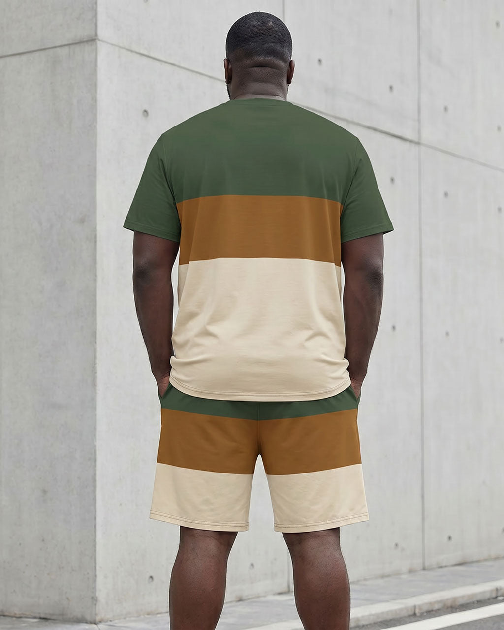 Big & Tall Men's Green & Khaki & Apricot Large Color Block Stitching Chest Printed Short Sleeve T-Shirt Shorts Set