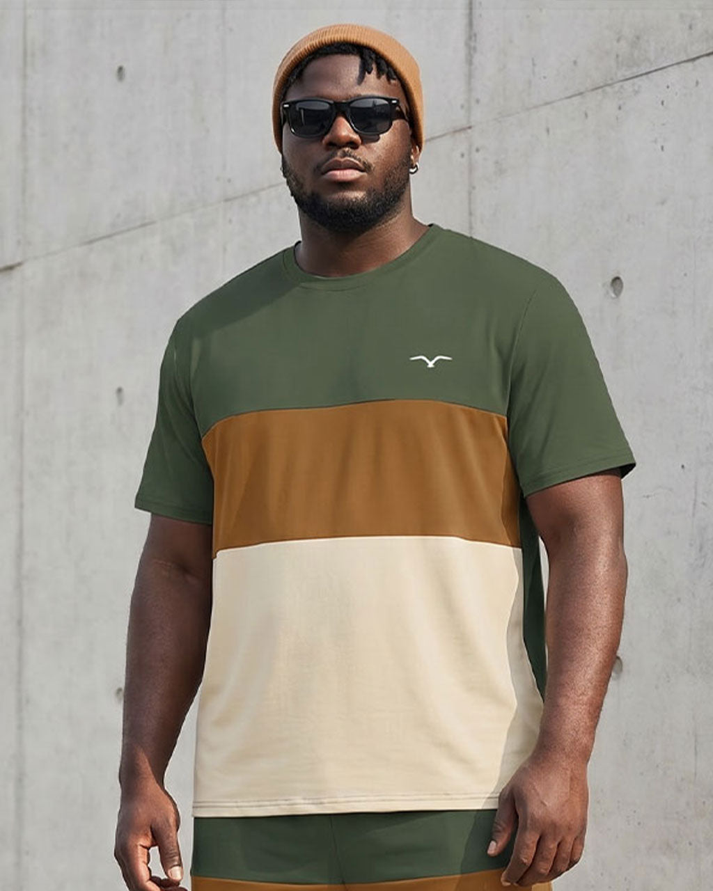 Big & Tall Men's Green & Khaki & Apricot Large Color Block Stitching Chest Printed Short Sleeve T-Shirt Shorts Set