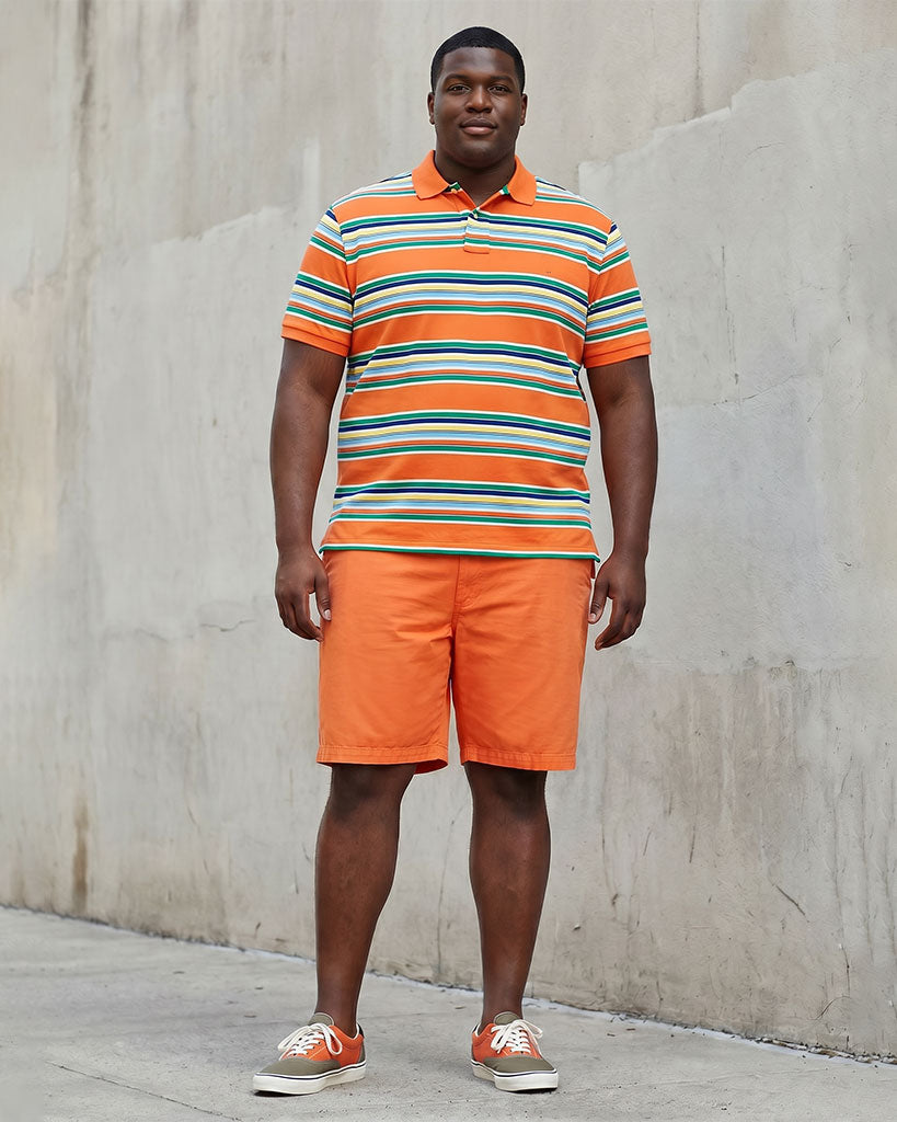 Big & Tall Men's Orange Summer Business Casual Polo Shirt Short Sleeve Shorts Set