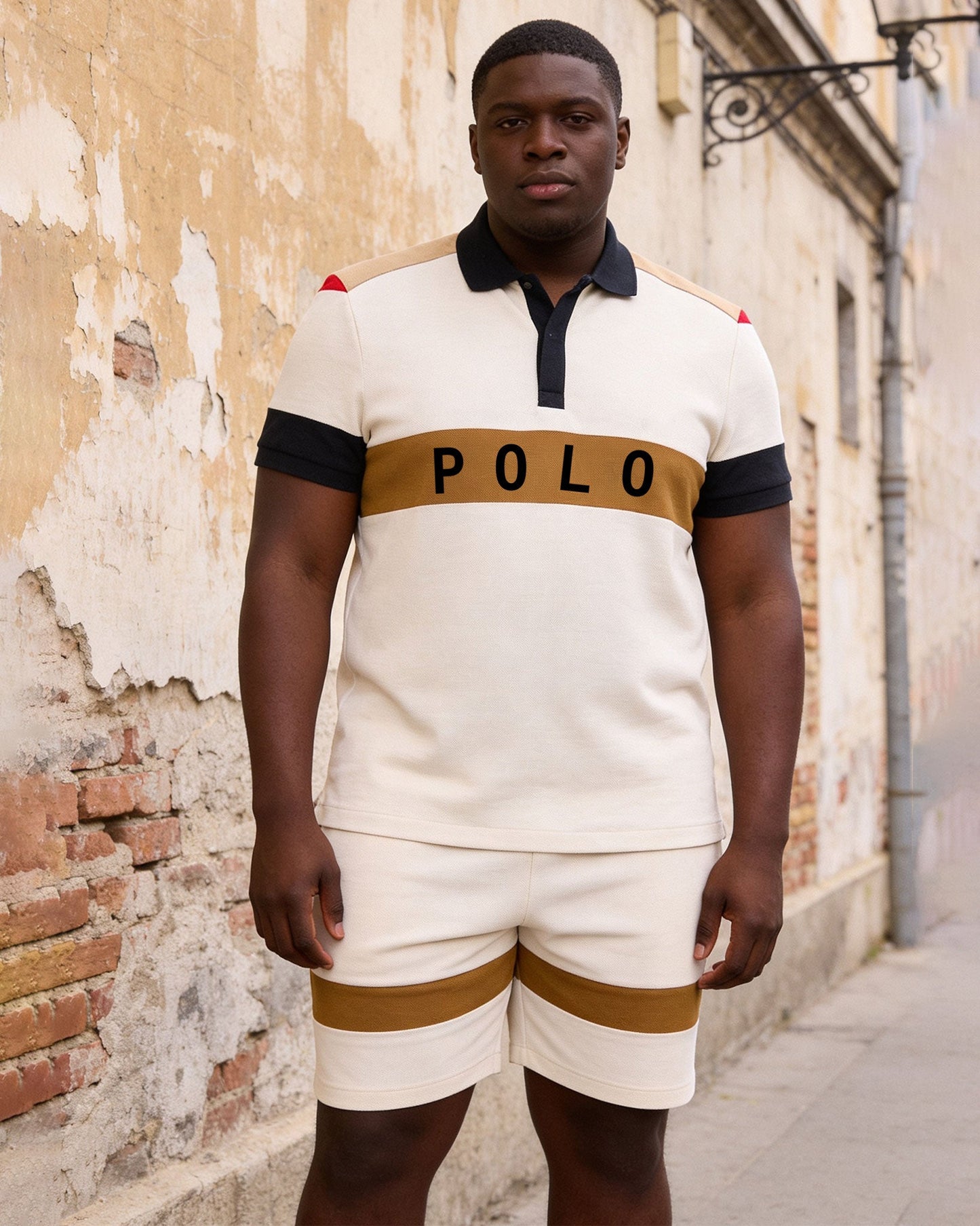 Big & Tall Men's Apricot & Brown Contrast Color Chest Large Label POLO Shirt Short Sleeve Shorts Set