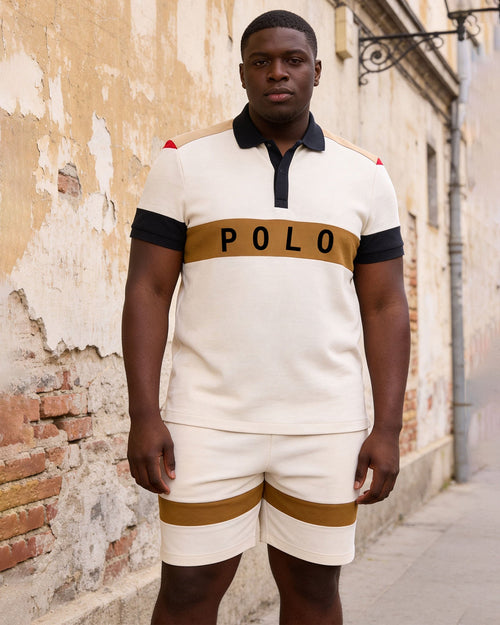 Big & Tall Men's Apricot & Brown Contrast Color Chest Large Label POLO Shirt Short Sleeve Shorts Set