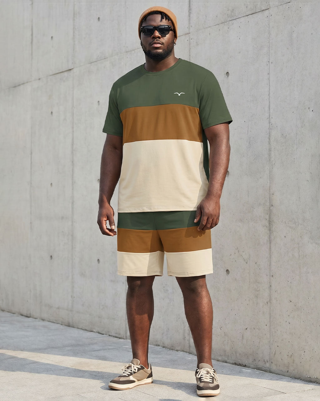 Big & Tall Men's Green & Khaki & Apricot Large Color Block Stitching Chest Printed Short Sleeve T-Shirt Shorts Set