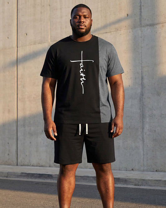 Big & Tall Men's Black & Grey Classic Embellished Chest Printed Short Sleeve T-Shirt Shorts Set
