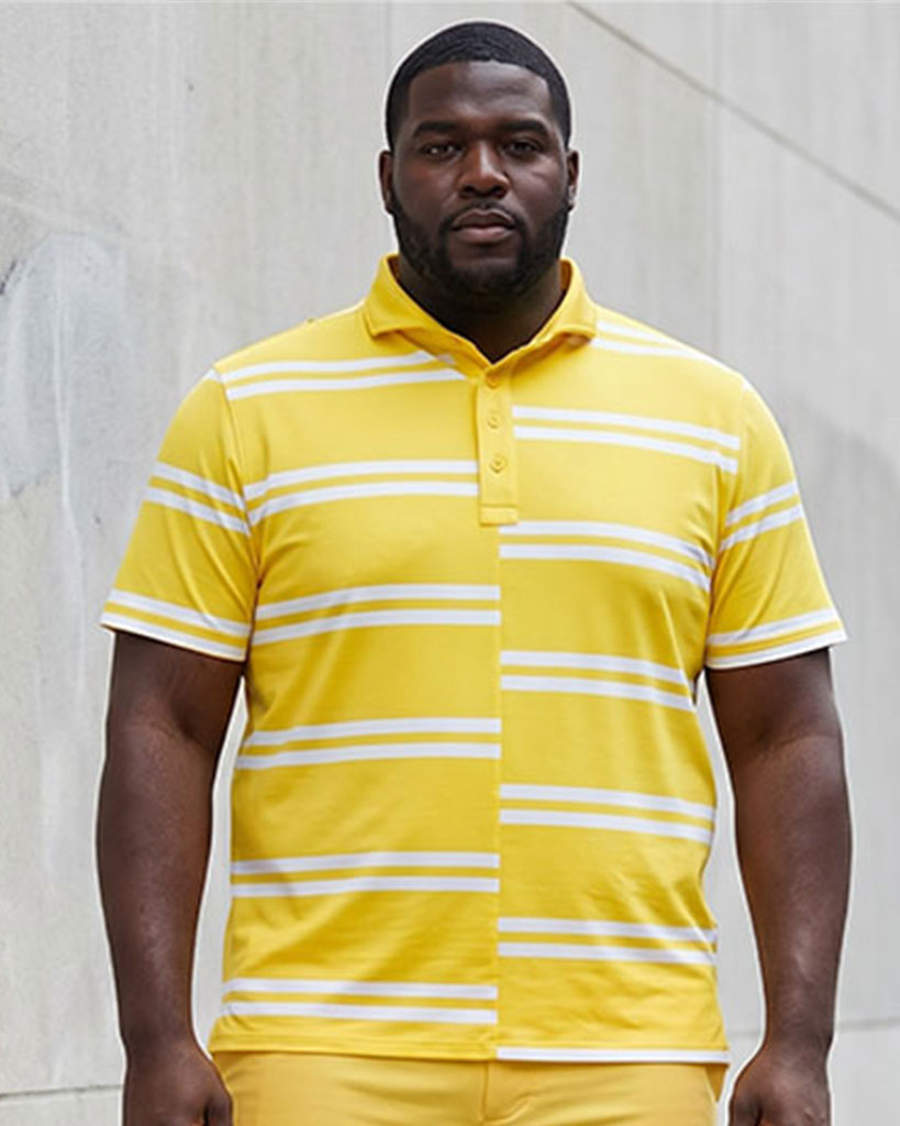 Big & Tall Men's Yellow Misplaced Stripe Design POLO Shirt Short Sleeve Shorts Set