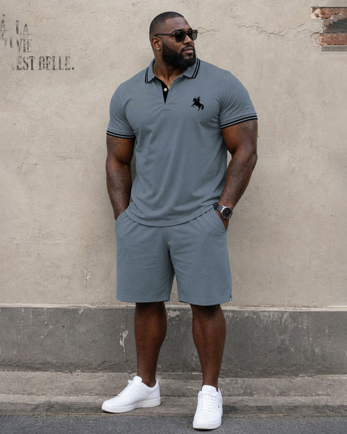 Big & Tall Men's Daily Travel Holiday Neck Stitching Chest Pony Printed POLO Shirt Short Sleeve Shorts Set