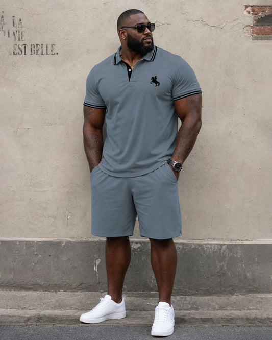Big & Tall Men's Daily Travel Holiday Neck Stitching Chest Pony Printed POLO Shirt Short Sleeve Shorts Set