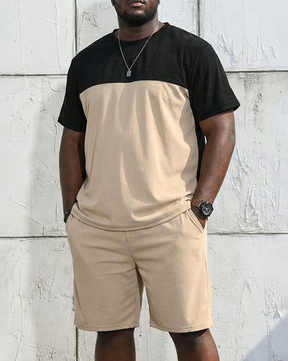 Big & Tall Men's Black & Khaki Simple Daily Holiday Short Sleeve T-Shirt Shorts Set