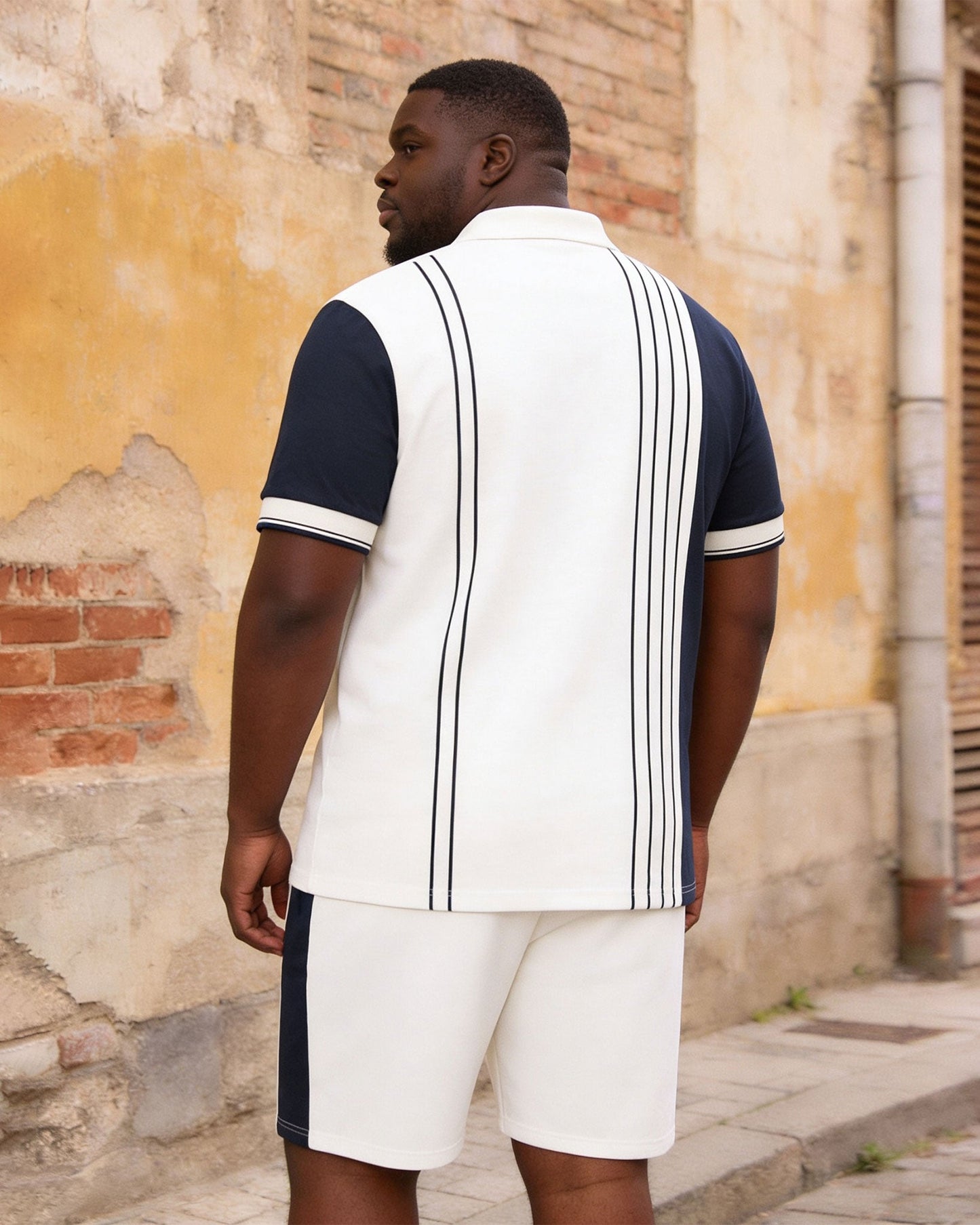 Big & Tall Men's Dark Blue & White Striped Polo Shirt Short Sleeve Shorts Set