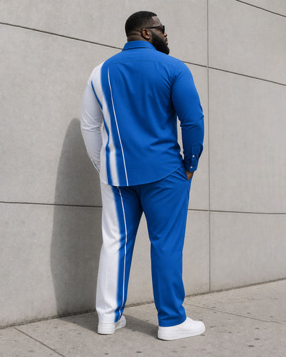 Big & Tall Men's Blue Irregular Contrast Color Business Casual Long Sleeve Shirt Pants Set