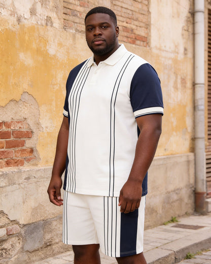 Big & Tall Men's Dark Blue & White Striped Polo Shirt Short Sleeve Shorts Set