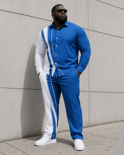 Big & Tall Men's Blue Irregular Contrast Color Business Casual Long Sleeve Shirt Pants Set