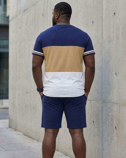 Big & Tall Men's Classic Color Contrast Thick Stripe Stitching Polo Print Short Sleeve T-Shirt Shorts Set