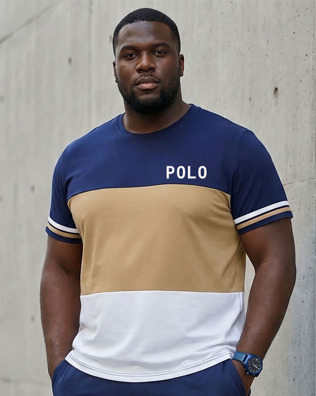 Big & Tall Men's Classic Color Contrast Thick Stripe Stitching Polo Print Short Sleeve T-Shirt Shorts Set