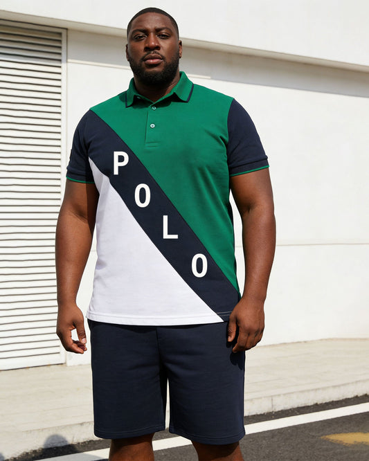 Big & Tall Men's Green & White... Dark Blue Twill Contrast Color Large Label Printed POLO Shirt Short Sleeve Shorts Set