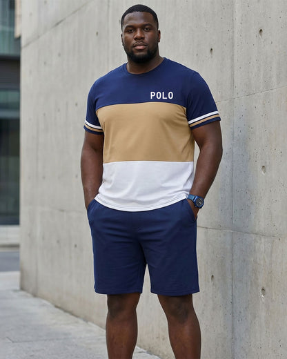 Big & Tall Men's Classic Color Contrast Thick Stripe Stitching Polo Print Short Sleeve T-Shirt Shorts Set