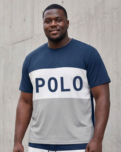 Big & Tall Men's Blue & White & Grey Contrast Chest Polo Print T-Shirt Shorts Set