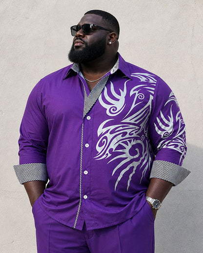 Big & Tall Men's Purple Business Features Stitching Positioning Printing Long Sleeve Shirt Pants Set