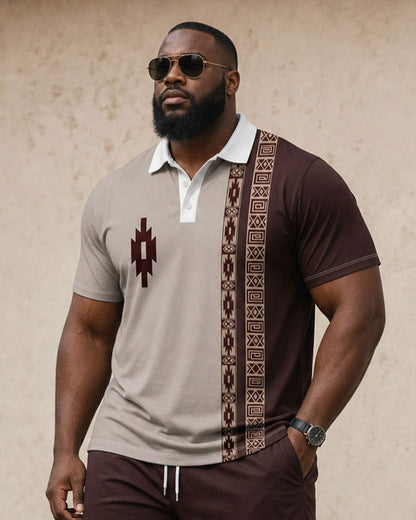 Big & Tall Men's Ethnic Style Contrast Color Stitching Daily Travel Party Holiday POLO Shirt Short Sleeve Shorts Set