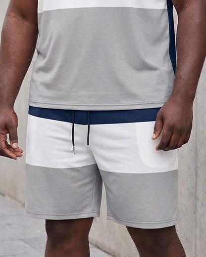 Big & Tall Men's Blue & White & Grey Contrast Chest Polo Print T-Shirt Shorts Set