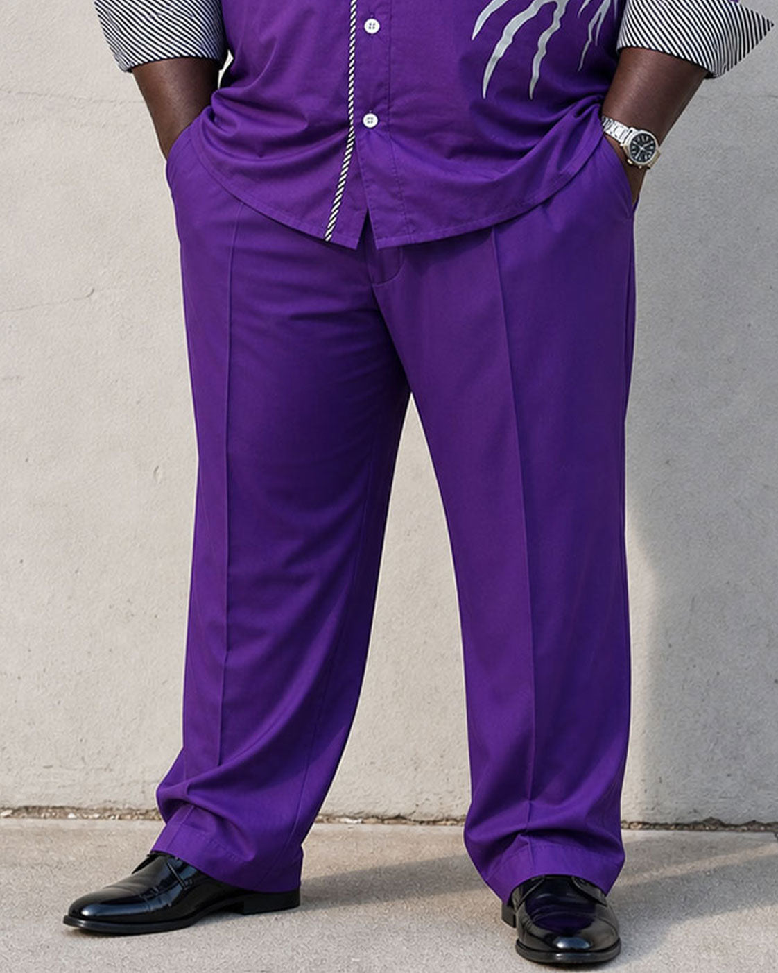 Big & Tall Men's Purple Business Features Stitching Positioning Printing Long Sleeve Shirt Pants Set