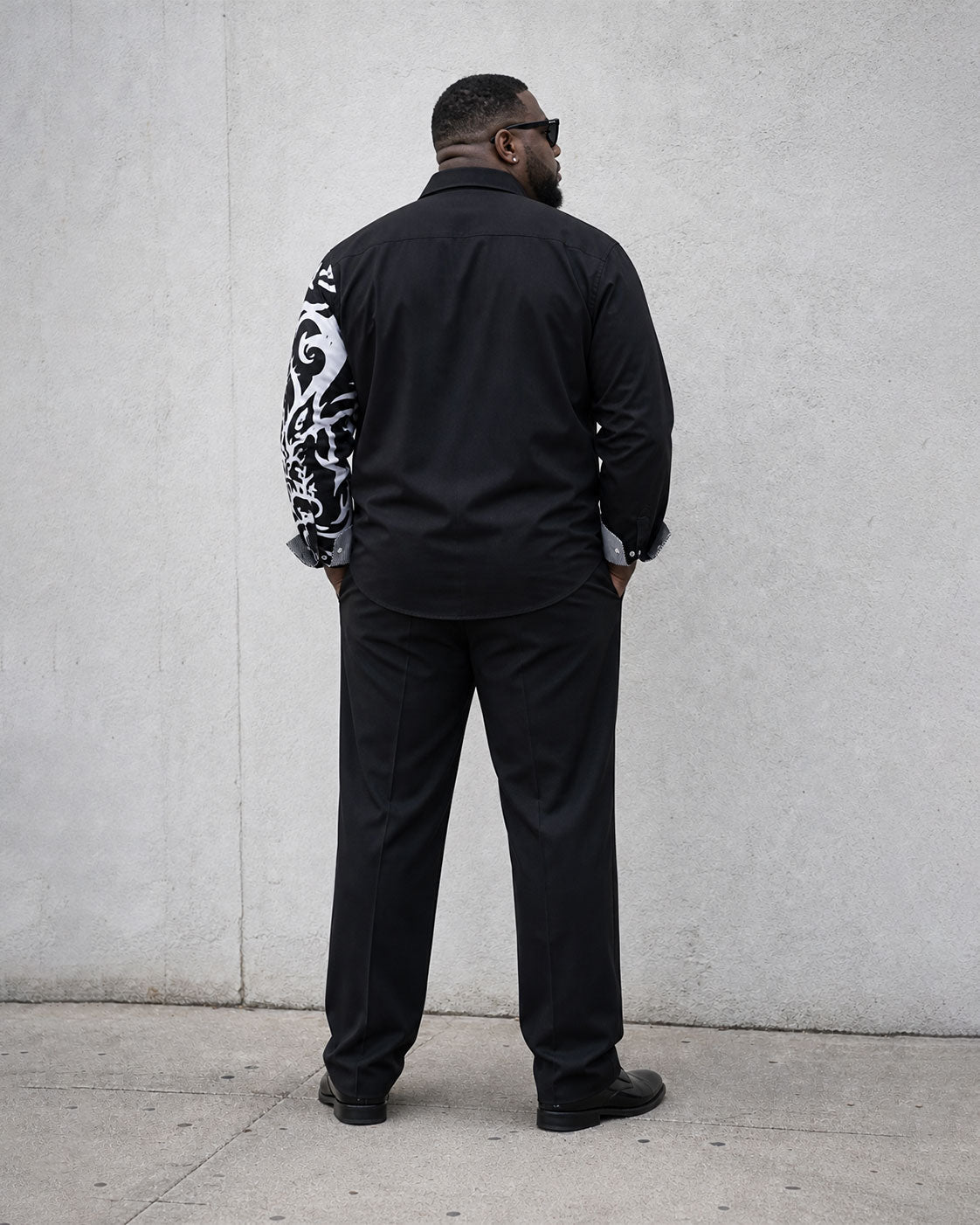 Big & Tall Men's Black Business Features Stitching Positioning Printed Long Sleeve Shirt Trousers Suit