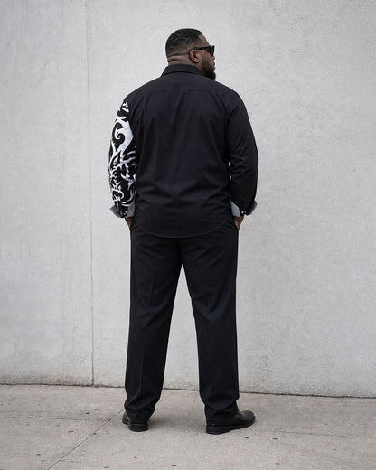 Big & Tall Men's Black Business Features Stitching Positioning Printed Long Sleeve Shirt Trousers Suit