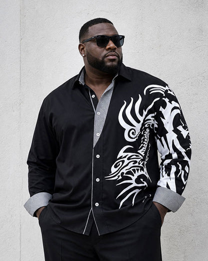 Big & Tall Men's Black Business Features Stitching Positioning Printed Long Sleeve Shirt Trousers Suit