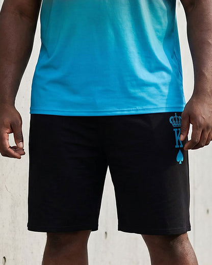 Big & Tall Men's Gradient Black & Blue Chest Crown KING Slogan Printed Short Sleeve T-Shirt Shorts Set