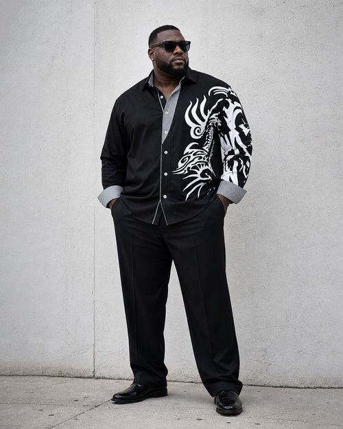 Big & Tall Men's Black Business Features Stitching Positioning Printed Long Sleeve Shirt Trousers Suit